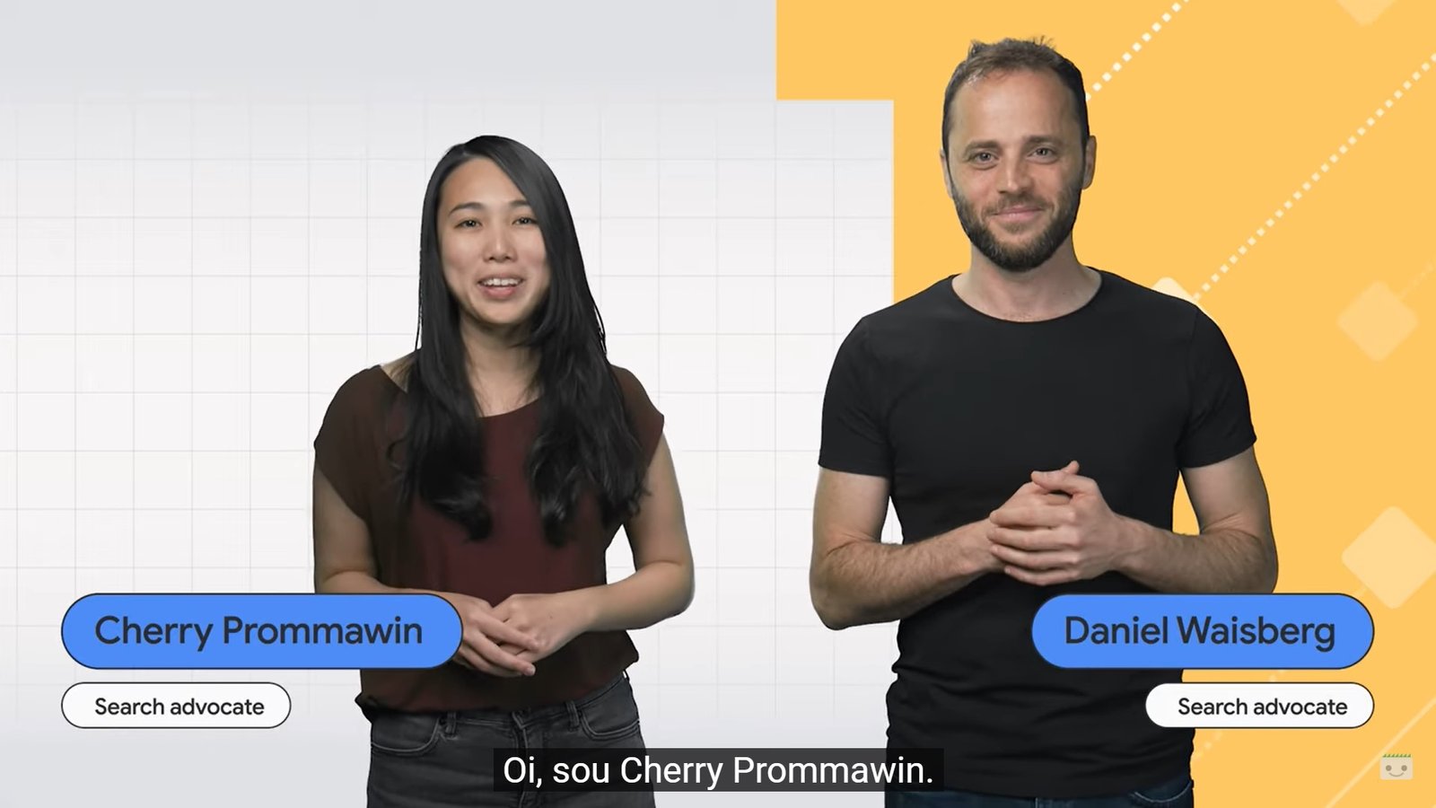 mulher e homem de camisa preta em fundo amarelo falam em vídeo sobre SEO do Google