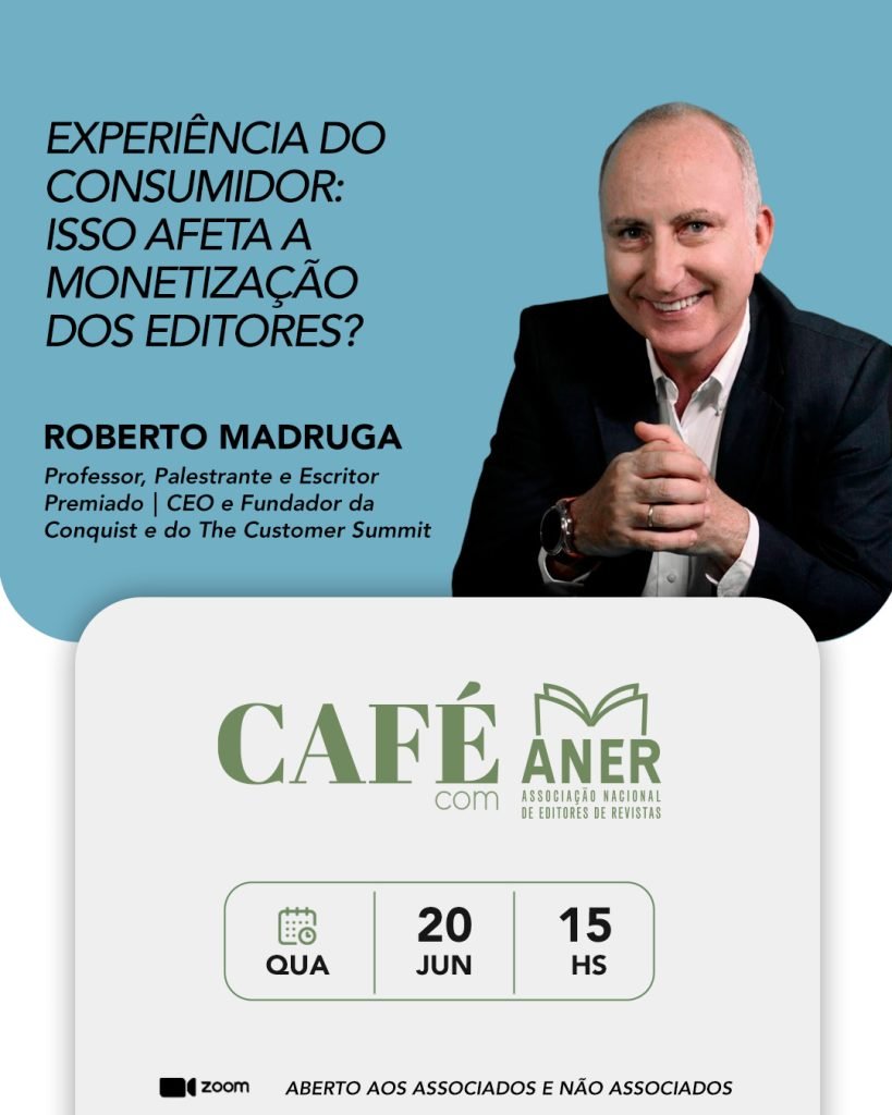 card em fundo branco e azul convida para o Café com Aner com Roberto Madruga sobre experiência do consumidor