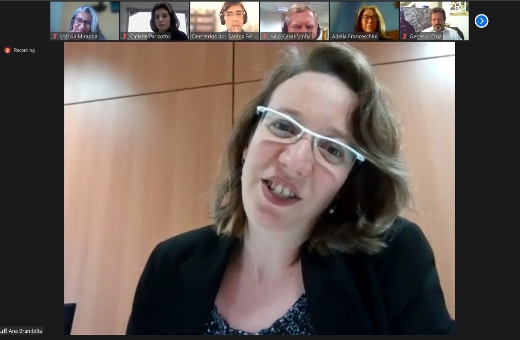 Em tela de computador em reunião online a pesquisadora Ana Brambilla, de blusa preta, óculos, pele clara e cabelos castanhos claros