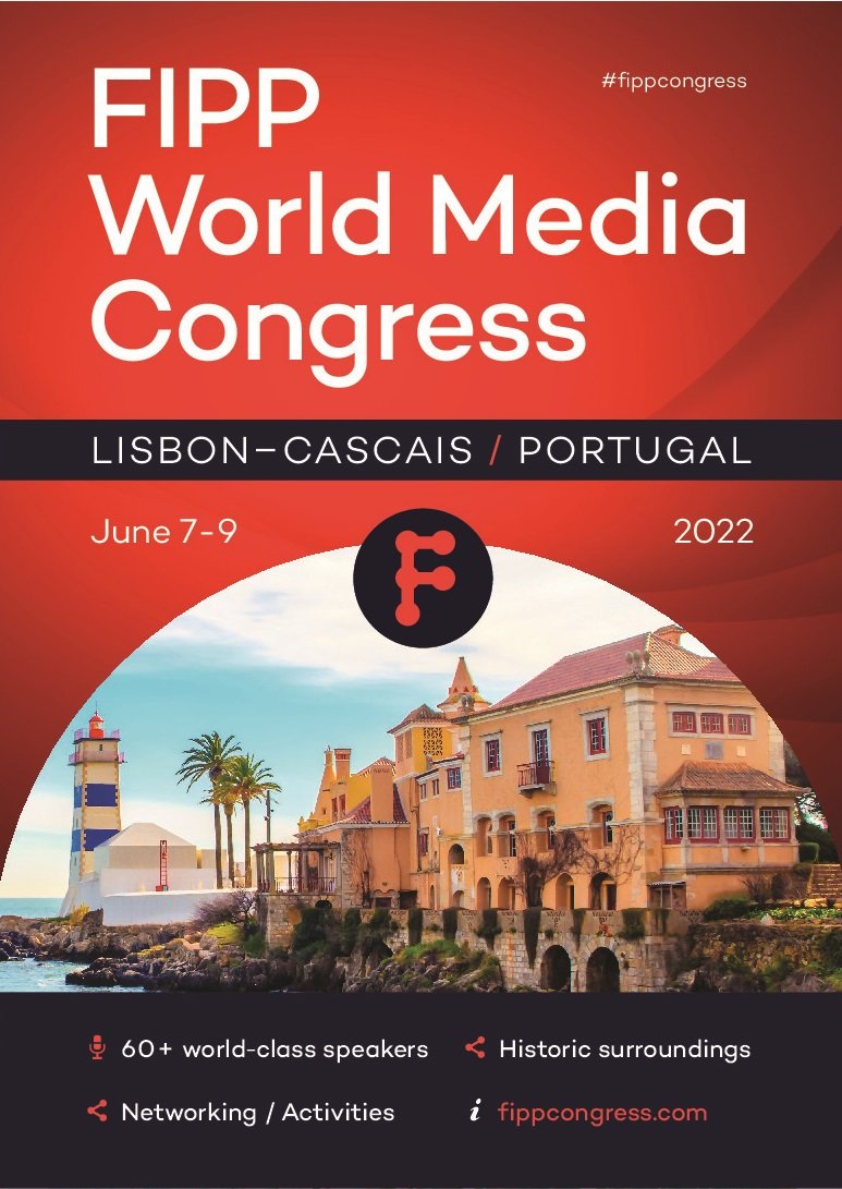 cartaz em fundo vermelho com imagem da cidade de Cascais em Portugal anuncia o Congresso da FIPP World Media Congress