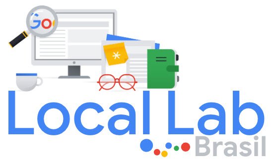 Arte em fundo branco com desenho de computador, lupa e logotipo do Google Local Lab Brasil