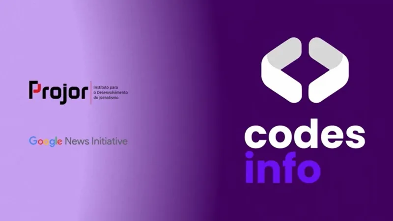 Card em fundo roxo e preto mostra os logos do fundo de Inovação Codesinfo em branco e o do Projor e Google News Initiative GNI