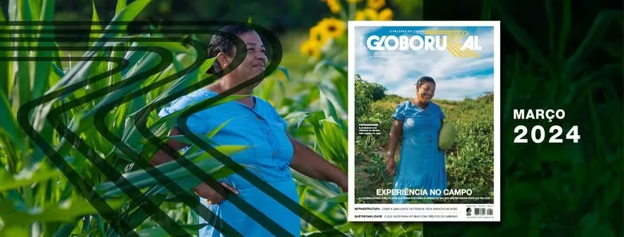 Imagem banner Globo Rural com mulher vestida de azul em meia a uma plantação prêmio Digital media awards wan-ifra 2024