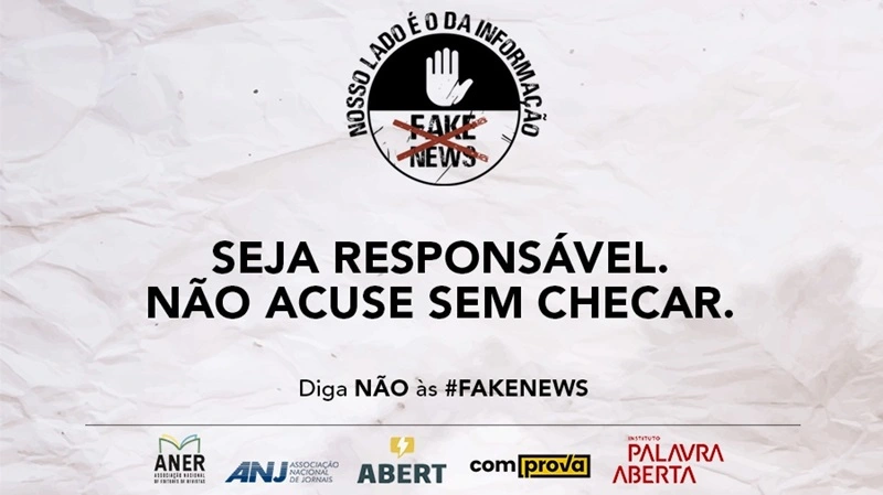 Card em fundo branco ilustra campanha contra fake news e desinformação com Aner Abert, ANJ, Comprova e Palavra Aberta
