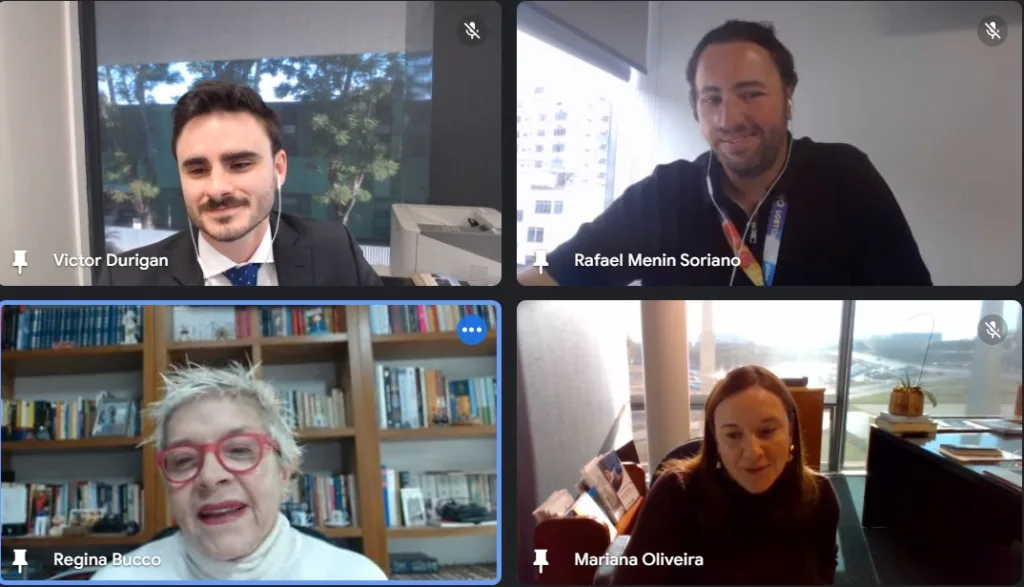 Tela de computador em reunião online mostra convidados do Café com Aner para falar do tema como o STF lida com a desinformação