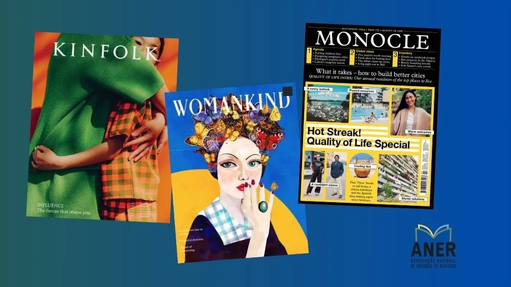 Banner em fundo azul degradê mostra capas de revistas independentes coloridas kinfolk womankind e monocle