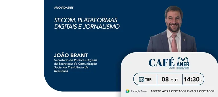 Card em fundo azul com letrar brancas e azuis convida para o Café com Aner com João Brant, secretário de Comunicação da Secom do Governo Federal