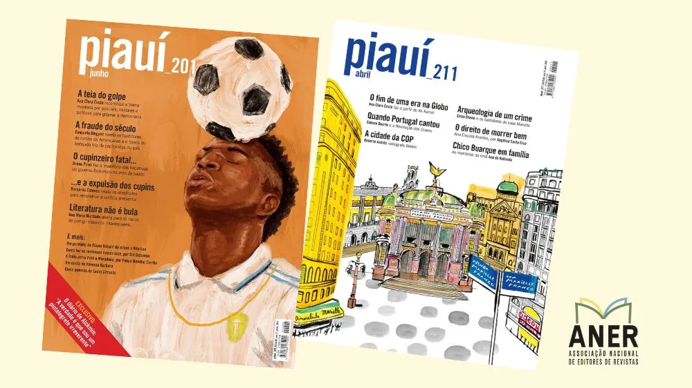 Banner em fundo amarelo claro mostra duas capas da revista piauí em comemoração aos 18 anos da publicação