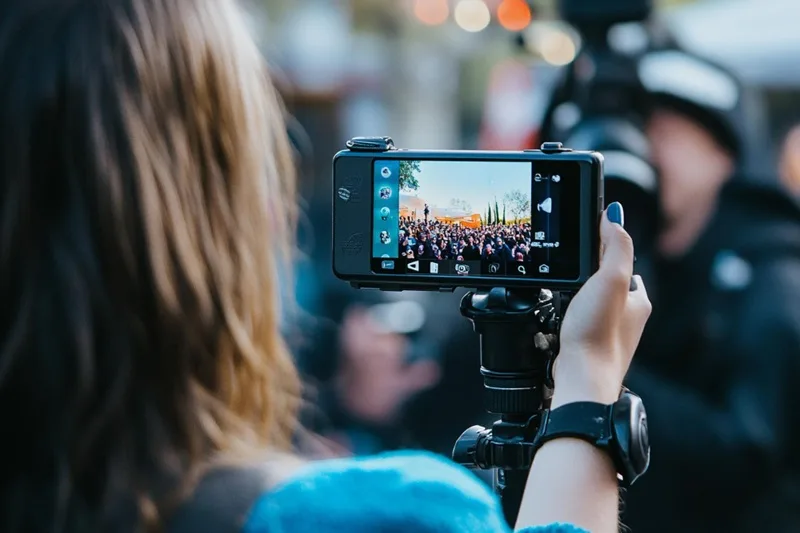 Mulher branca aparece em perfil de costas segurando uma câmera de vídeo para ilustrar matéria sobre importância do vídeo nos sites de notícias