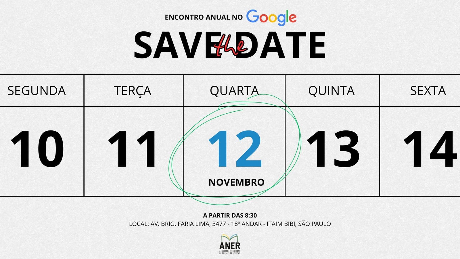 Guarde na agenda! Encontro exclusivo para associados Aner no Google: 12 de novembro
