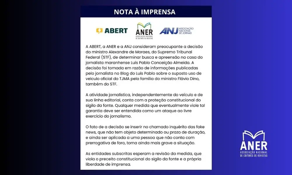 Nota oficial Aner Abert ANJ busca apreensão STF PF jornalista maranhense